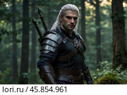 A witcher with weapons and armor on a forest background. Стоковое AI-изображение, AI-художник Александр Поташев / Фотобанк Лори