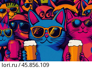 Взрыв ярких красок и кошачьей энергии! На иллюстрации с дудл-граффити изображено множество кошек. Стоковое AI-изображение, AI-художник Ярославский Максим / Фотобанк Лори