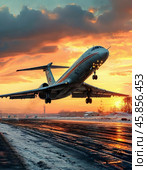 Tu-134 taking off against the setting sun. It is one of the most mass-produced passenger aircraft in the Soviet Union. Стоковое AI-изображение, AI-художник Сергей Елизарьев / Фотобанк Лори
