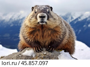 Marmot sitting on rock in snowy mountain landscape. Стоковое AI-изображение, AI-художник Иван Рябоконь / Фотобанк Лори