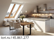 Modern open plan kitchen and dining area with skylights illuminating the room. Стоковое AI-изображение, AI-художник Иван Рябоконь / Фотобанк Лори