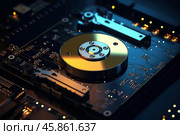Close up of hard disk drive, exploring data storage technology. Стоковое AI-изображение, AI-художник Иван Рябоконь / Фотобанк Лори