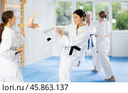 Asian female karateka honing kicking techniques during kumite. Стоковое фото, фотограф Яков Филимонов / Фотобанк Лори