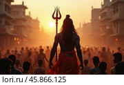 Devotees Honor Lord Shiva During Maha Shivratri Celebration in Haridwar at Sunset. Стоковое AI-изображение, AI-художник Sergey Grishin / Фотобанк Лори