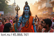 Celebration of Maha Shivaratri in Indian City With Vibrant Displays, Traditional Attire, and Fervent Devotees Engaging in Festivities. Стоковое AI-изображение, AI-художник Sergey Grishin / Фотобанк Лори