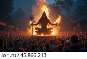 Worshippers Gather for a Night of Devotion to Lord Shiva With Flames Illuminating the Idol and Vibrant Expressions of Faith in the Air. Стоковое AI-изображение, AI-художник Sergey Grishin / Фотобанк Лори