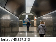 Пассажиры в проходе между пилонами. Станция Петербургского метрополитена «Горный институт». Город Санкт-Петербург. Редакционное фото, фотограф Румянцева Наталия / Фотобанк Лори