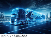Autonomous electric truck driving on highway with world map hologram, embracing global logistics and innovation. Стоковое AI-изображение, AI-художник Иван Рябоконь / Фотобанк Лори