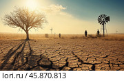 Climate crisis - parched desert landscape reflecting water scarcity. Стоковое AI-изображение, AI-художник Анна Маркина / Фотобанк Лори