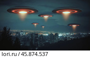 Unidentified flying objects hover over a city buildings skyline at night. Стоковое AI-изображение, AI-художник Михаил Коханчиков / Фотобанк Лори