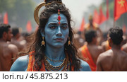 Maha Shivaratri Parade Showcasing Male Dressed as Hindu Deity Shiva With Vibrant Attire and Festive Atmosphere. Стоковое AI-видео, аниматор Sergey Grishin / Фотобанк Лори