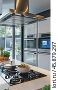 Modern kitchen hood extending and retracting over island countertop. Стоковое AI-видео, аниматор Юрий Поздников / Фотобанк Лори
