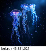 Three bioluminescent jellyfish swimming in dark ocean water. Стоковое AI-изображение, AI-художник Иван Рябоконь / Фотобанк Лори