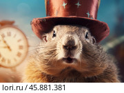 Groundhog wearing top hat predicting spring arrival time with clock in background. Стоковое AI-изображение, AI-художник Иван Рябоконь / Фотобанк Лори