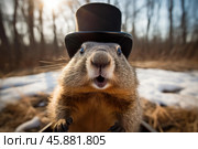 Groundhog wearing top hat emerging from hole predicting weather on groundhog day. Стоковое AI-изображение, AI-художник Иван Рябоконь / Фотобанк Лори