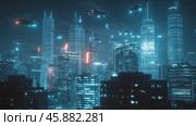Unidentified flying objects hover over a city buildings skyline at night. Стоковое AI-изображение, AI-художник Михаил Коханчиков / Фотобанк Лори