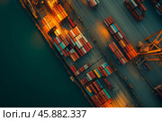 Cargo vessels and containers at a busy port with cranes in action. Стоковое AI-изображение, AI-художник Михаил Коханчиков / Фотобанк Лори