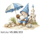 Причудливая пляжная сцена с игривым гномом и песчаным замком для весеннего веселья. Стоковое AI-изображение, AI-художник ФотоИнтеллект / Фотобанк Лори