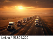 Convoy of trucks driving on desert highway at sunset. Стоковое AI-изображение, AI-художник Иван Рябоконь / Фотобанк Лори