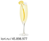 French 75 cocktail, pale golden liquid, long lemon peel, effervescent bubbles, tall flute, splashy pour, Jazz Age elegance. Стоковое AI-изображение, AI-художник svetograph / Фотобанк Лори