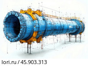 A large, cylindrical technical unit that resembles an industrial tubular reactor or heat exchanger. It is painted bright blue with yellow fastening and support elements. The unit has massive flanges that connect the body sections and many fasteners such as bolts and nuts. Process elements are visible along the entire length of the structure, including ladders, handrails and inspection hatches. The unit is mounted on metal supports, indicating that it is stationary in an industrial environment.It may be part of a chemical, oil refining or power plant installation designed to handle liquids, gases or steam under high pressure and temperature. Стоковое AI-изображение, AI-художник Анна Кривицкая / Фотобанк Лори