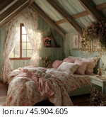 A cozy bedroom in country or Provence style. The room is located in the attic with a sloping roof made of wooden beams and painted light green boards. The central place is occupied by a bed with white and pink bed linen in a floral pattern. Near the bed are decorative pillows and a blanket, creating an atmosphere of coziness. On the right side of the wall hangs a flowerpot with flowering plants, and on the wooden shelf are floral arrangements. From the window with white curtains, also decorated with a floral pattern, soft light pours into the room, emphasizing the warm and relaxing atmosphere. Стоковое AI-изображение, AI-художник Анна Кривицкая / Фотобанк Лори