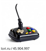 Retro video game controller with colorful buttons and wired connection on white background. Стоковое AI-изображение, AI-художник Иван Рябоконь / Фотобанк Лори