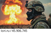 Современный солдат в военной защитной экипировке на фоне мощного взрыва. Военнослужащий в профиль крупным планом. Портрет военного человека в балаклаве и шлеме. Стоковое AI-видео, аниматор Ирина / Фотобанк Лори