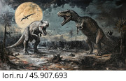 A scene from the Age of Dinosaurs, set in a dark, night-time setting under the bright light of a full moon. In the foreground, two massive dinosaurs, likely tyrannosaurs, are in a fight or showing dominance over each other. Both dinosaurs have their mouths open, revealing sharp teeth, creating a sense of menace and drama. The background is complemented by thick clouds, dark trees, and tall palms. A pterosaur can be seen flying in the sky, adding dynamism and atmosphere to the scene. The ground around is covered in signs of struggle, mud, and remains of vegetation. Стоковое AI-изображение, AI-художник Анна Кривицкая / Фотобанк Лори