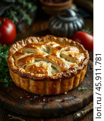 Kulebyaka Day is a holiday celebrated on February 11. Kulebyaka is a type of meat, fish or mushroom closed pie. Traditional Russian dish. Стоковое AI-изображение, AI-художник Сергей Елизарьев / Фотобанк Лори