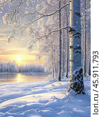 White birch on a frosty sunny morning. Winter landscape. Стоковое AI-изображение, AI-художник Сергей Елизарьев / Фотобанк Лори