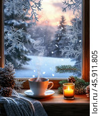Cup of hot tea on the windowsill, ornate frosty lines on the transparent glass of the window. Early morning, sunrise, winter landscape outside the window. Стоковое AI-изображение, AI-художник Сергей Елизарьев / Фотобанк Лори