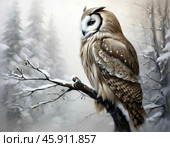 The eagle owl (Lat. Bubo bubo, Old Russian: pugač - literally "frightening, terrible") is a species of bird of prey from the owl family, one of the largest representatives of the order of owls. The most characteristic features include a massive "barrel-shaped" body type, loose plumage with a predominance of reddish and ocher shades, bright orange eyes and tufts of elongated feathers above them (the so-called "feather ears"). Стоковое AI-изображение, AI-художник Сергей Елизарьев / Фотобанк Лори