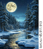 Bright disk of the moon, full moon. Night landscape. Стоковое AI-изображение, AI-художник Сергей Елизарьев / Фотобанк Лори