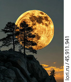 Bright disk of the moon, full moon. Night landscape. Стоковое AI-изображение, AI-художник Сергей Елизарьев / Фотобанк Лори