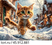 Зима. Котик радостно мчится по по заснеженной улице. Стоковое AI-изображение, AI-художник Елена Рассоха / Фотобанк Лори