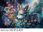 A fantasy composition combining images of nature and mythical creatures. In the center of the composition is the head of a deer or doe with soft features, surrounded by many floral elements. Flowers of different sizes and shapes are intertwined, forming a complex and picturesque ornament. Thin branches and leaves fill the space around the animal, giving the image dynamism. The palette includes delicate pastel and saturated colors: blue, pink, orange and golden shades, creating an effect of magic and lightness. The background is dark, with soft tints, which emphasizes the brightness of the details. The atmosphere of the image conveys a sense of harmony between the animal and nature, as well as fabulousness and mystery. Стоковое AI-изображение, AI-художник Анна Кривицкая / Фотобанк Лори