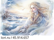 A girl with long blond hair fluttering in the wind. Her face is thoughtful and calm, her gaze directed into the distance. In the background is a snowy winter landscape: icy expanses, snow-covered mountains, and a frozen lake. The sky is painted in the gentle pastel shades of dawn or sunset, creating an atmosphere of silence and harmony. A lone bird soars in the sky, adding dynamics to the picture. The image of the girl seems ephemeral and merges with the surrounding nature, as if she is part of this winter world. The picture conveys a feeling of lightness, coldness and solitude. Стоковое AI-изображение, AI-художник Анна Кривицкая / Фотобанк Лори