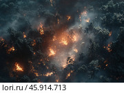 Flames engulfing trees and spreading rapidly through a dense forest, creating a scene of destruction and highlighting the devastating impact of wildfires on the environment. Стоковое AI-изображение, AI-художник Ольга Ильина / Фотобанк Лори