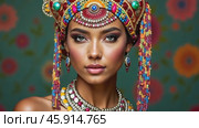 Colorful Headdress and Necklace Highlight Cultural Beauty in Vibrant Setting. Стоковое AI-видео, аниматор Sergey Grishin / Фотобанк Лори