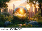 A sphere made of glass or transparent material, which stands on a green meadow. Inside the sphere is reflected a forest with tall trees and the sun, which is at the stage of sunset or sunrise. The light from the sun creates soft golden reflections, adding an atmosphere of calm and harmony to the picture. In the background, the outlines of city high-rises are visible, which symbolizes the contrast between nature and the urban landscape. Mosses, ferns and stones are located around the sphere, creating the illusion of a primeval forest. Стоковое AI-изображение, AI-художник Анна Кривицкая / Фотобанк Лори