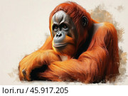 An orangutan, calmly located and thoughtfully looking into the distance. Its fur is thick and bright red, with long strands, especially noticeable on the arms and shoulders. The orangutan's face is dark in color, with small wrinkles that give the expression depth and wisdom. The eyes are full of calm and meaningfulness. The background is neutral, which focuses attention on the animal's figure itself, emphasizing its natural beauty and expressiveness. The style of the image is made with elements of artistic processing, which adds a slight effect of portrait painting. Стоковое AI-изображение, AI-художник Анна Кривицкая / Фотобанк Лори