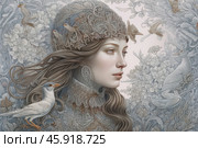 A full-face portrait of a woman. The woman is wearing a decorative headdress with ornaments that resemble the Old Russian style, decorated with bird figures. Her long hair flutters in the wind, creating a sense of movement. The background is filled with patterns, including flowers and foliage, done in light and muted tones. Several birds, including white and gray ones, are located next to the woman. The overall atmosphere of the image resembles a fairy tale or mythical narrative, conveying the harmony between man and nature. The tone of the drawing is pastel, with the use of fine lines and detailed elaboration. Стоковое AI-изображение, AI-художник Анна Кривицкая / Фотобанк Лори