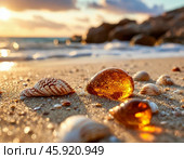 Day Amber is celebrated annually on July 21. Pieces of amber, also called "tears of the sea" or "gift of the sun", on the seashore after a storm in the rays of the setting sun. Стоковое AI-изображение, AI-художник Сергей Елизарьев / Фотобанк Лори