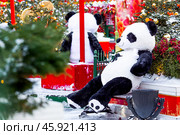 Plush stuffed pandas and Chinese red Christmas lanterns on Tverskaya Street in Moscow. Close-up. The first ever meeting of the Chinese New Year 2024 in Moscow. Стоковое фото, фотограф Photojuli / Фотобанк Лори