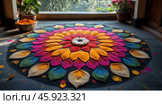 Colorful rangoli design created with vibrant powders during a festive celebration in a home setting. Стоковое AI-изображение, AI-художник Юлия Гапеенко / Фотобанк Лори