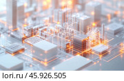 Futuristic city skyline emerging from abstract circuit board with glowing orange lines. Стоковое AI-изображение, AI-художник Юрий Поздников / Фотобанк Лори