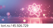 Glowing atom rotating with electrons and protons in physics science background. Стоковое AI-изображение, AI-художник Юрий Поздников / Фотобанк Лори
