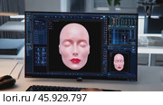Advanced Facial Recognition Software Analyzing Female Face on Computer Screen. Стоковое видео, видеограф Данил Руденко / Фотобанк Лори