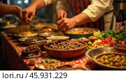 Traditional Iftar Food Preparation Showcased With Vibrant Dishes and Communal Cooking at Sunset During Ramadan. Стоковое AI-изображение, AI-художник Sergey Grishin / Фотобанк Лори